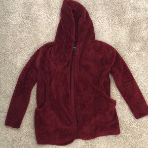 Womens small fuzzy maroon jacket with hoodie